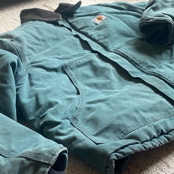 🍒V I N T A G E Carhartt Teal Duck Work Jacket with Dark Corduroy Collar R A R E - Picture 2 of 10